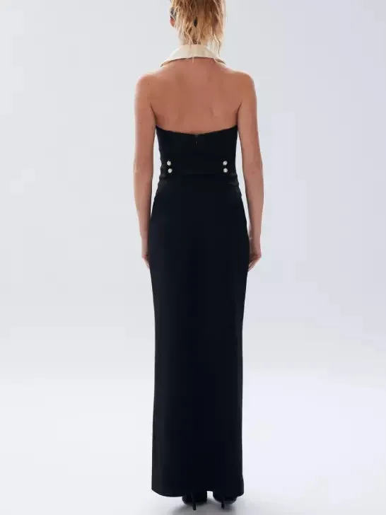 Bicolor Pearl-Button Sleeveless Maxi Dress