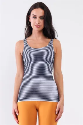 Blue Striped Basic Sleeveless Round Neck Fitted Sports Cami Top /3-3