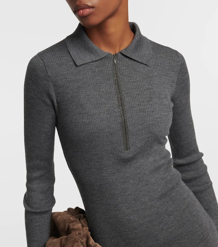 Brunello Cucinelli Ribbed-knit virgin wool and cashmere midi dress