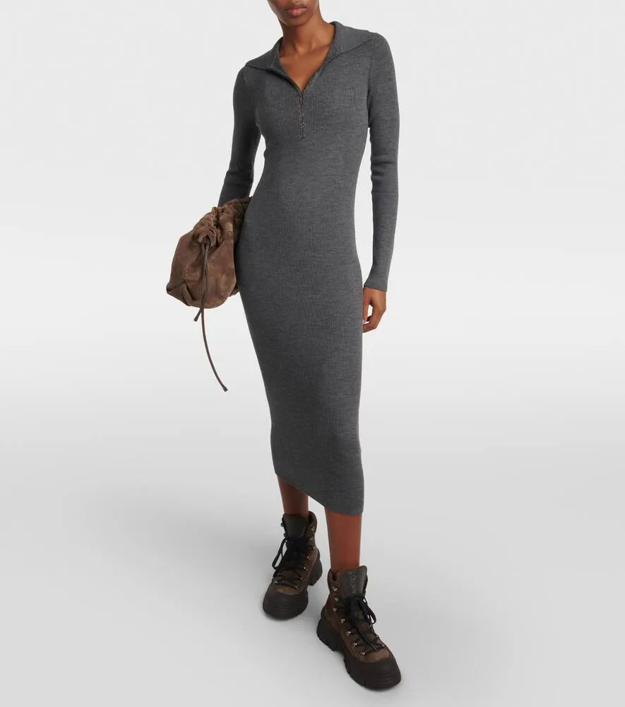 Brunello Cucinelli Ribbed-knit virgin wool and cashmere midi dress