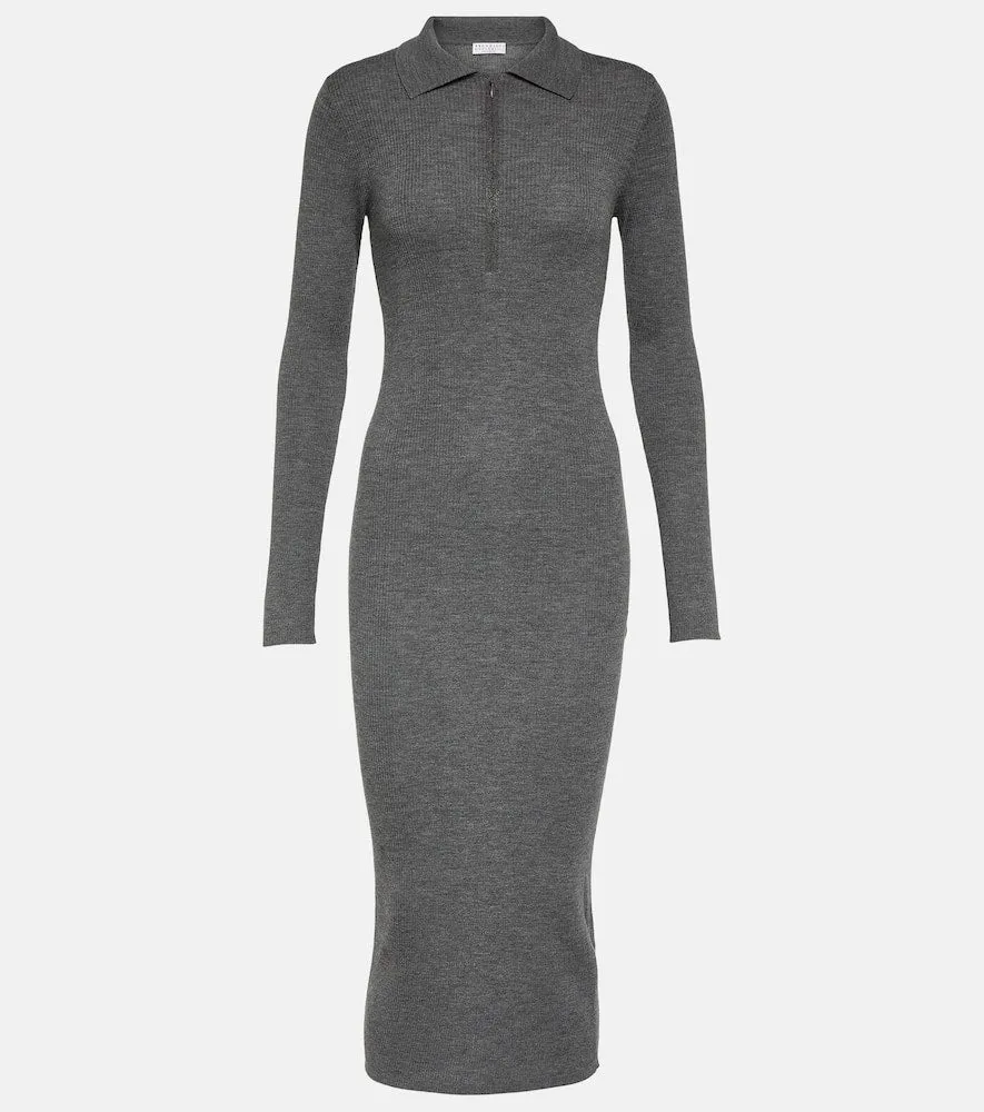 Brunello Cucinelli Ribbed-knit virgin wool and cashmere midi dress