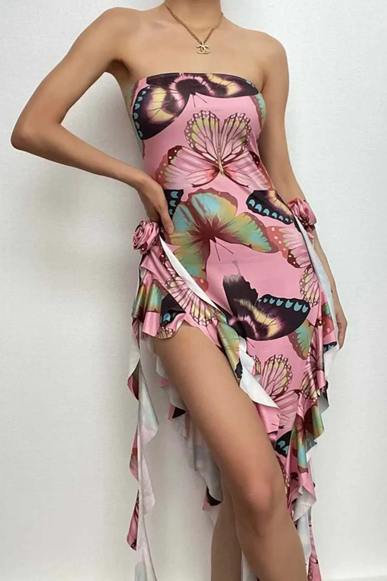Butterfly Printed Ruffle Ribbon Flower Tube Top Dress