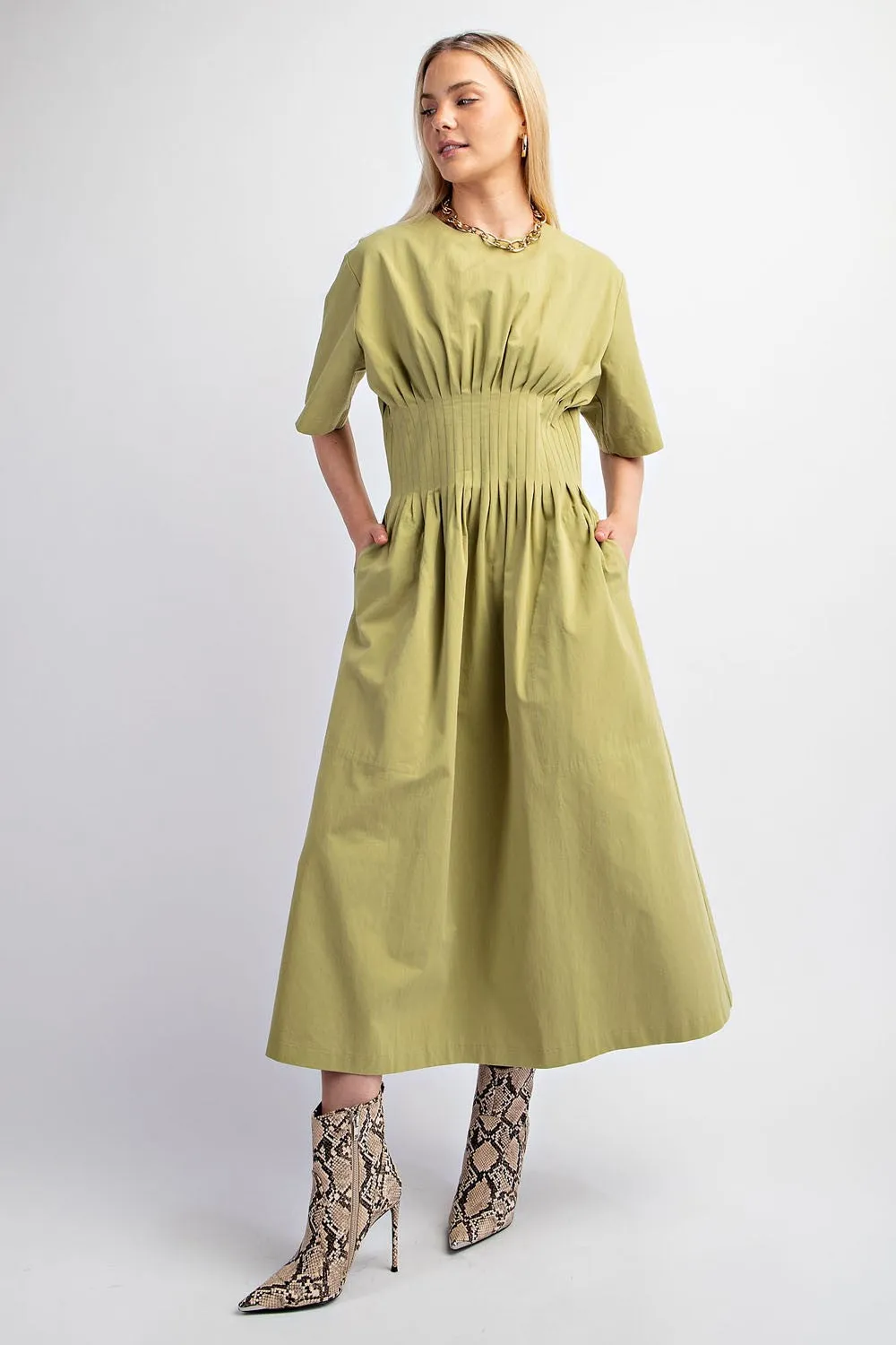 Grass Pintuck Waist Midi Dress
