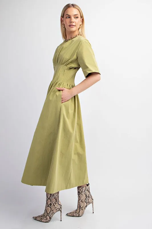 Grass Pintuck Waist Midi Dress