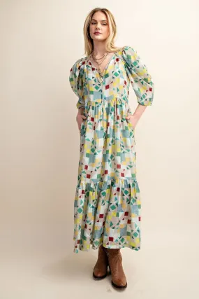 Green Zipper Front Print Midi Dress