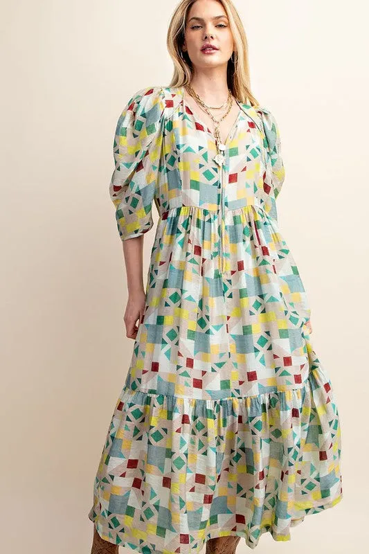 Green Zipper Front Print Midi Dress