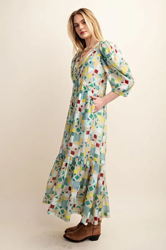 Green Zipper Front Print Midi Dress