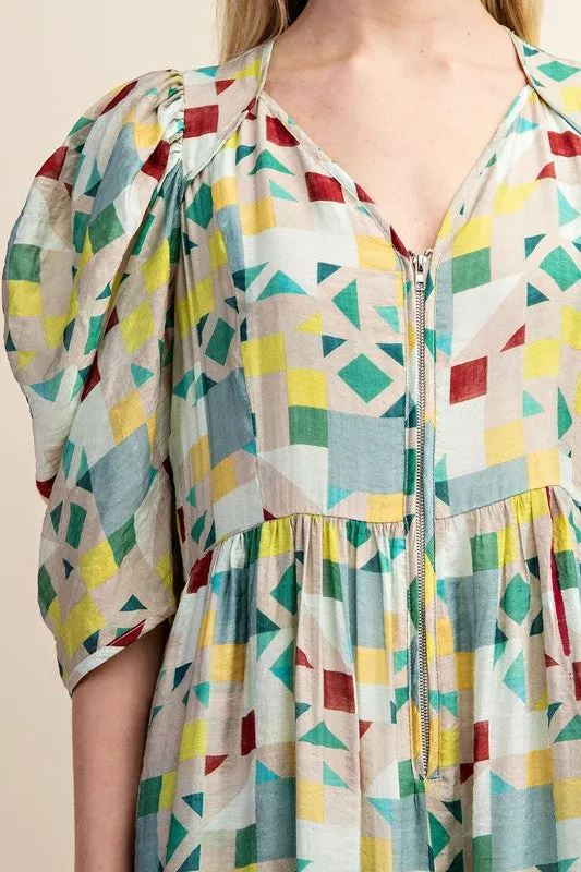Green Zipper Front Print Midi Dress