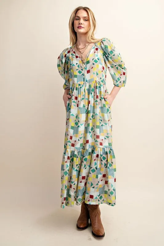 Green Zipper Front Print Midi Dress