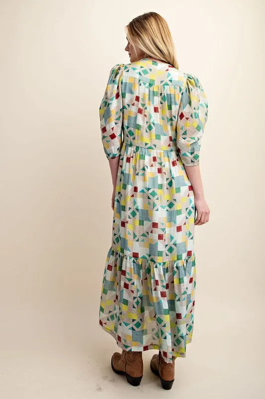 Green Zipper Front Print Midi Dress