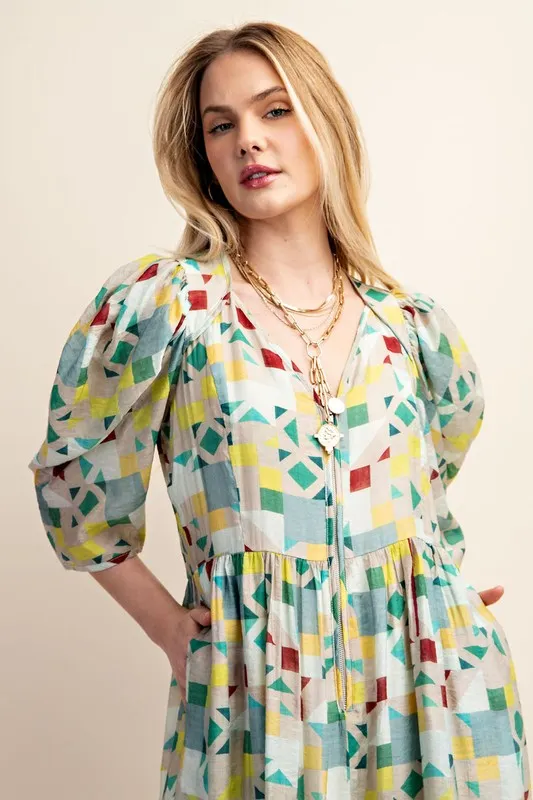 Green Zipper Front Print Midi Dress