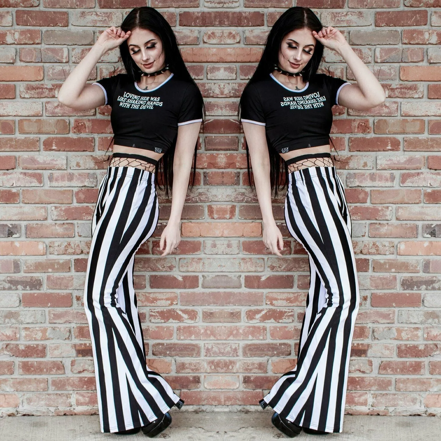 Hellz Bellz Jail Byrd Black & White Stripe Bell Bottom Flares