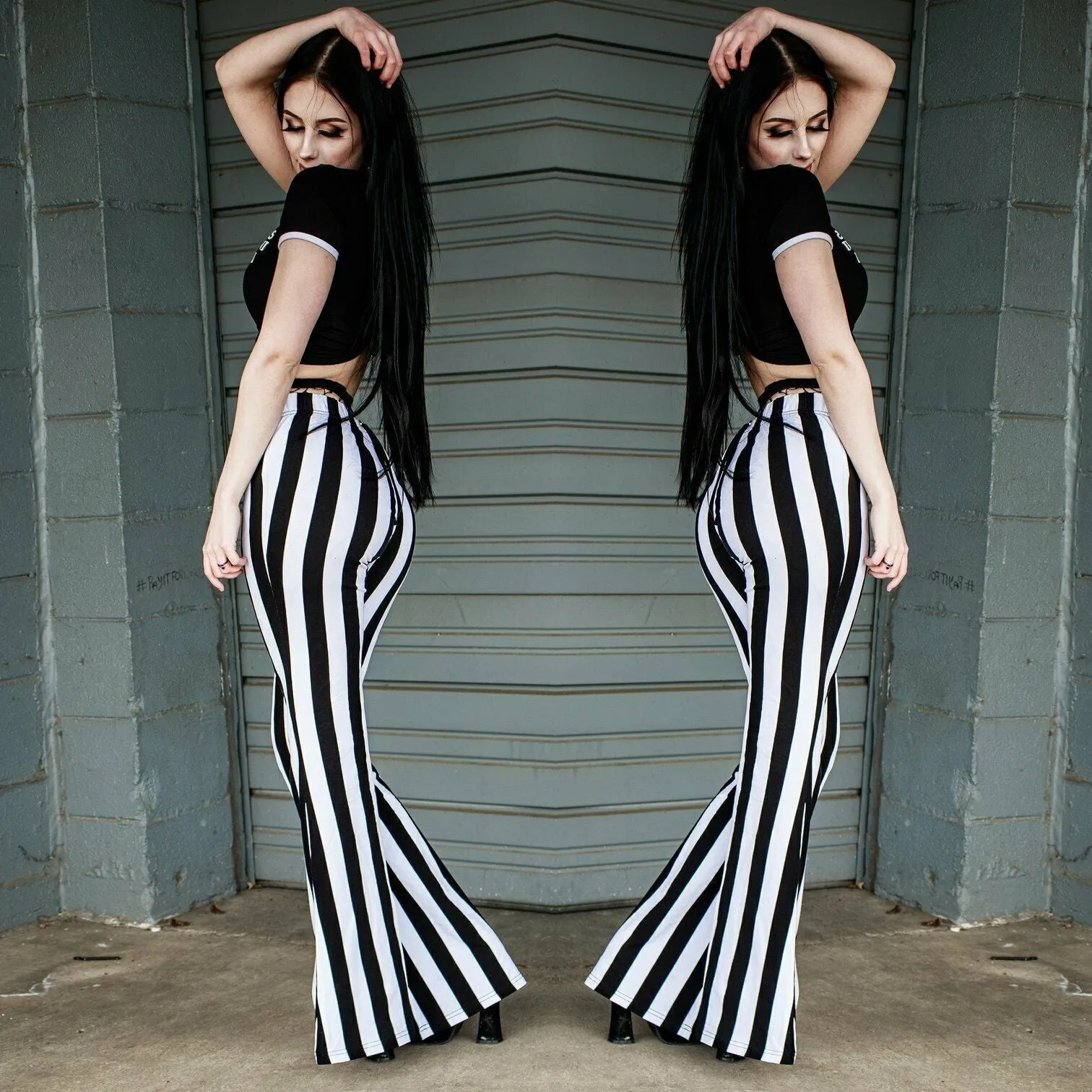 Hellz Bellz Jail Byrd Black & White Stripe Bell Bottom Flares