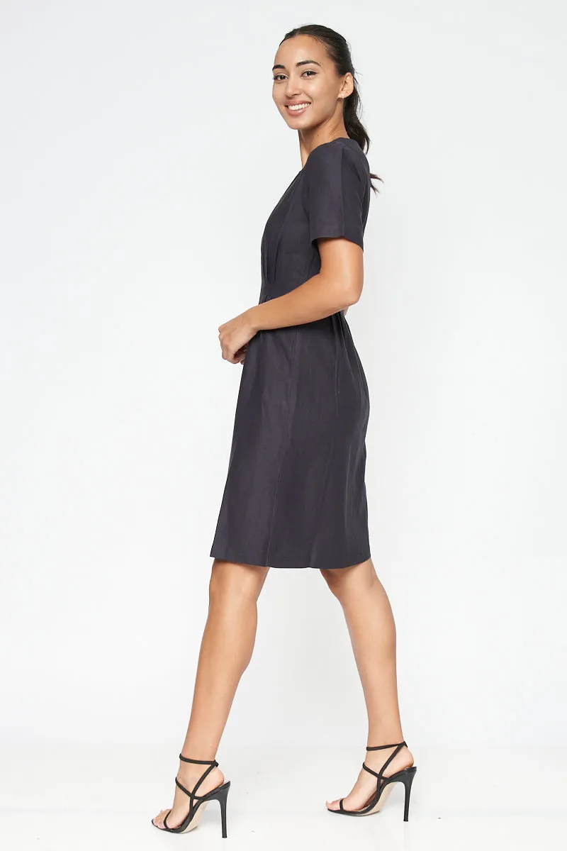 Round Neck Short Sleeve Solid Midi Dress With Zipper Back* (845-00635)